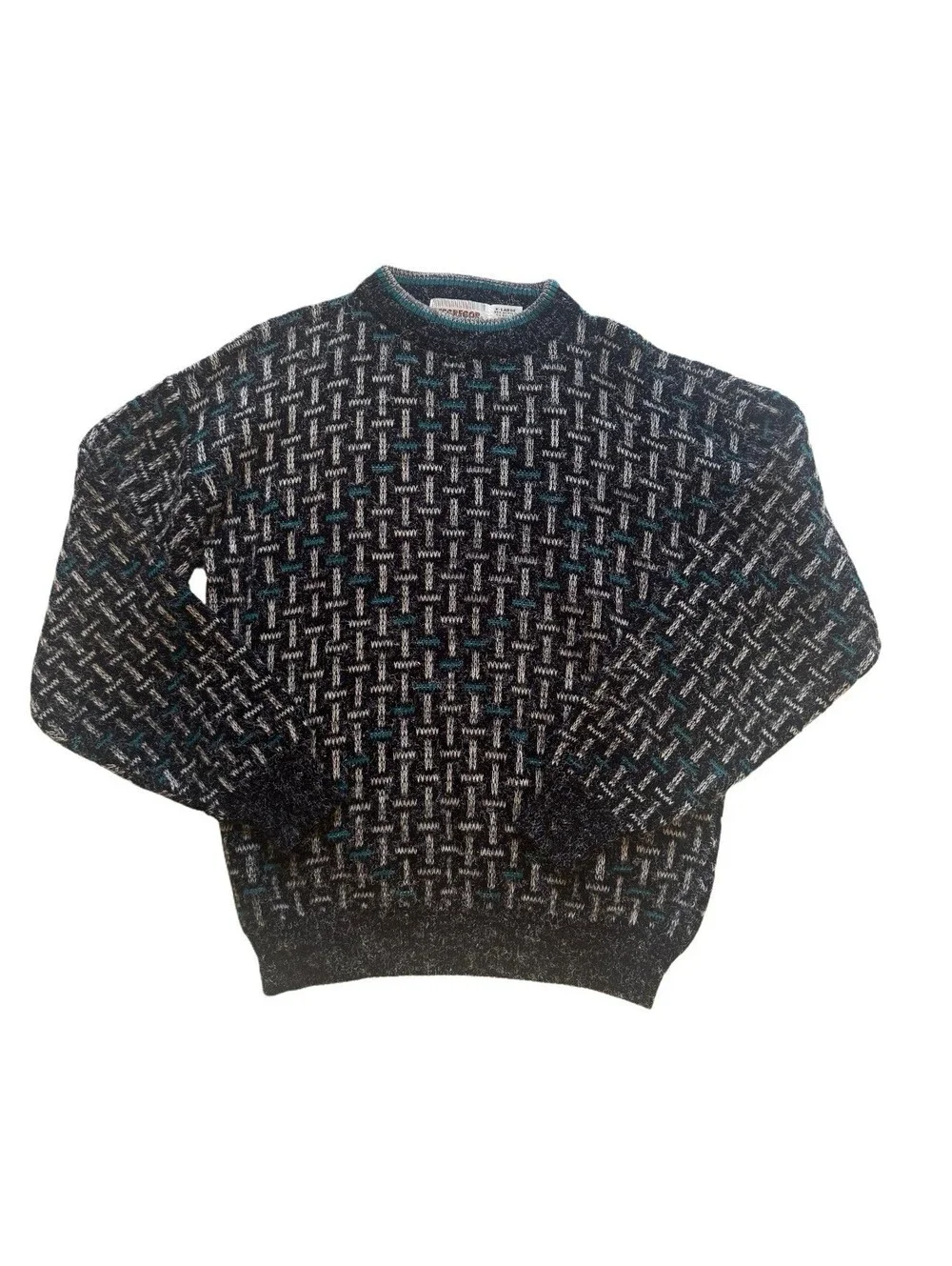 Vintage McGregor Geometric Knit Sweater XL Black Teal Gray 90s Crewneck Retro